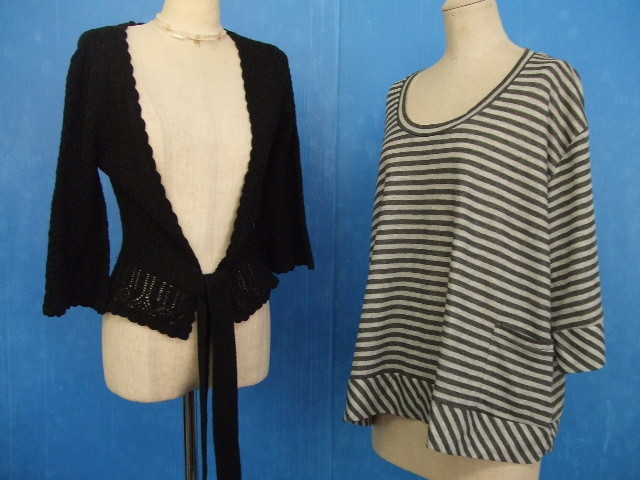 【お買得】★レディーストップス2点セット★①VINO ROUGE/カーディガン/黒/腰紐 ②Mashu Kashu/カットソー/グレー系ボーダー柄 七分袖拍卖