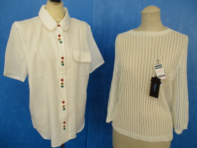 【お買得!】★白系トップス2点セット★①Pure White/半袖ブラウス ②MILAKE/七分丈サマーセーター/M~L/新品・タグ付き 日本製拍卖