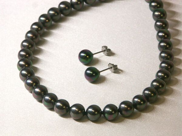 まつよ 花珠貝パールネックレス ピアスセット 42cm 黒真珠ピーコックカラー9ミリ42センチピアス koapkpn-09-1-42-pias拍卖