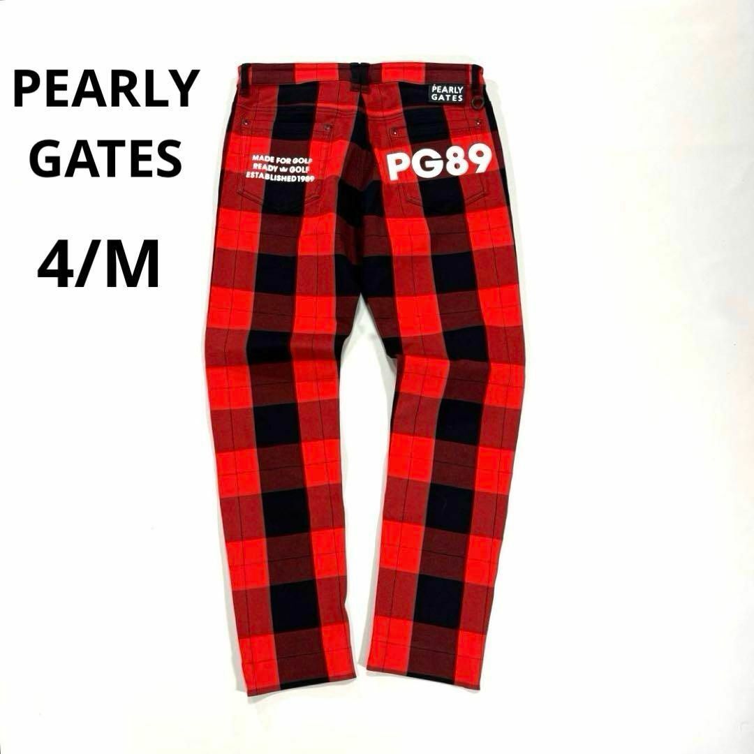 美品★パーリーゲイツ 4/M ロングパンツ チェック バックロゴ 赤/黒 PEARLY GATES拍卖
