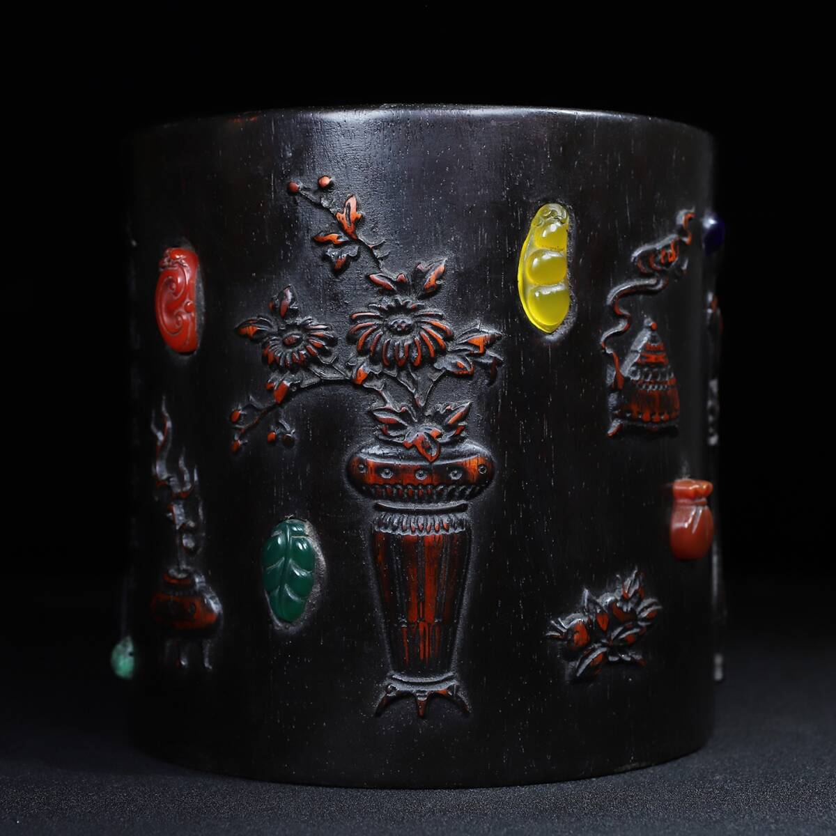 旧蔵 大清 乾隆五十五年内務府監製 紅花梨木 博古圖 圓筆筒 筆道具 文房具 木製 極細工 中国古玩 古美術 骨董品 204-30拍卖