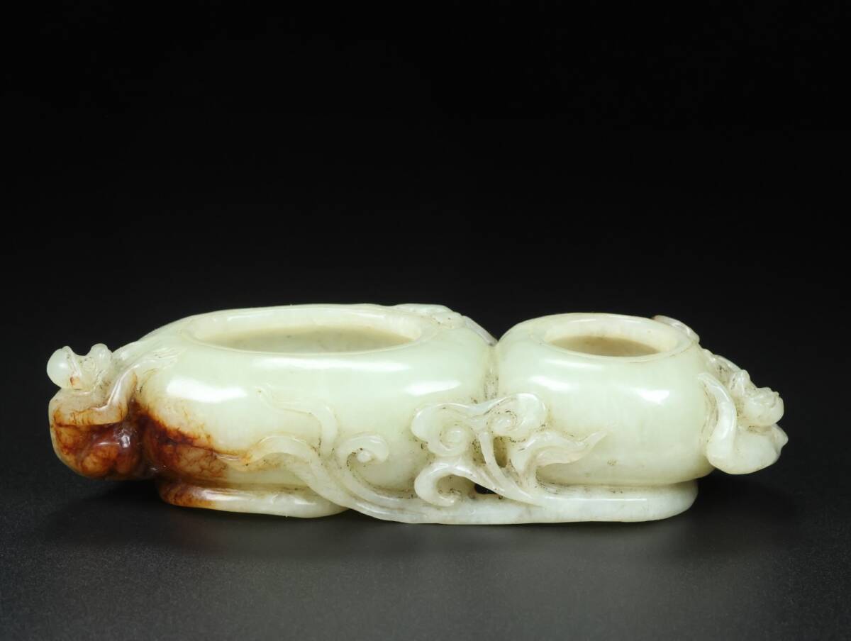旧蔵 清 玉彫 和田老玉 福禄寿 筆洗い 置物 極細工 中国古玩 古美術 骨董品 204-07拍卖