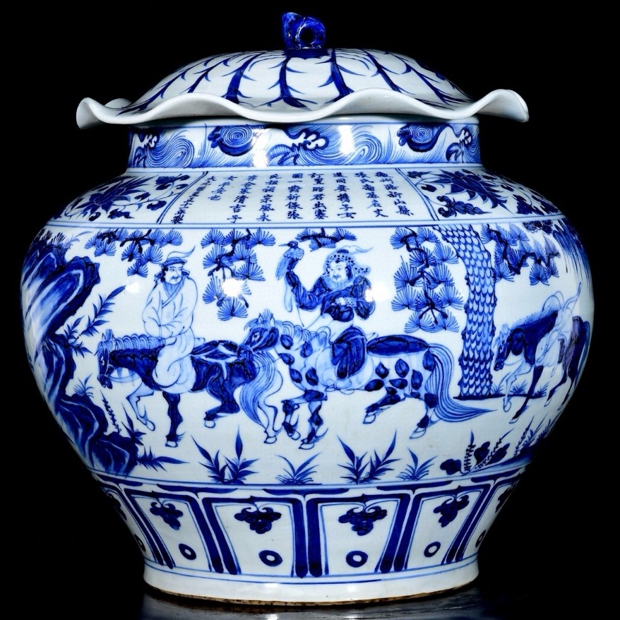 旧蔵 元 青花 昭君出塞人物故事紋 荷葉罐 陶芸 古陶磁器 極細工 中国古玩 古美術 骨董品 204-06拍卖