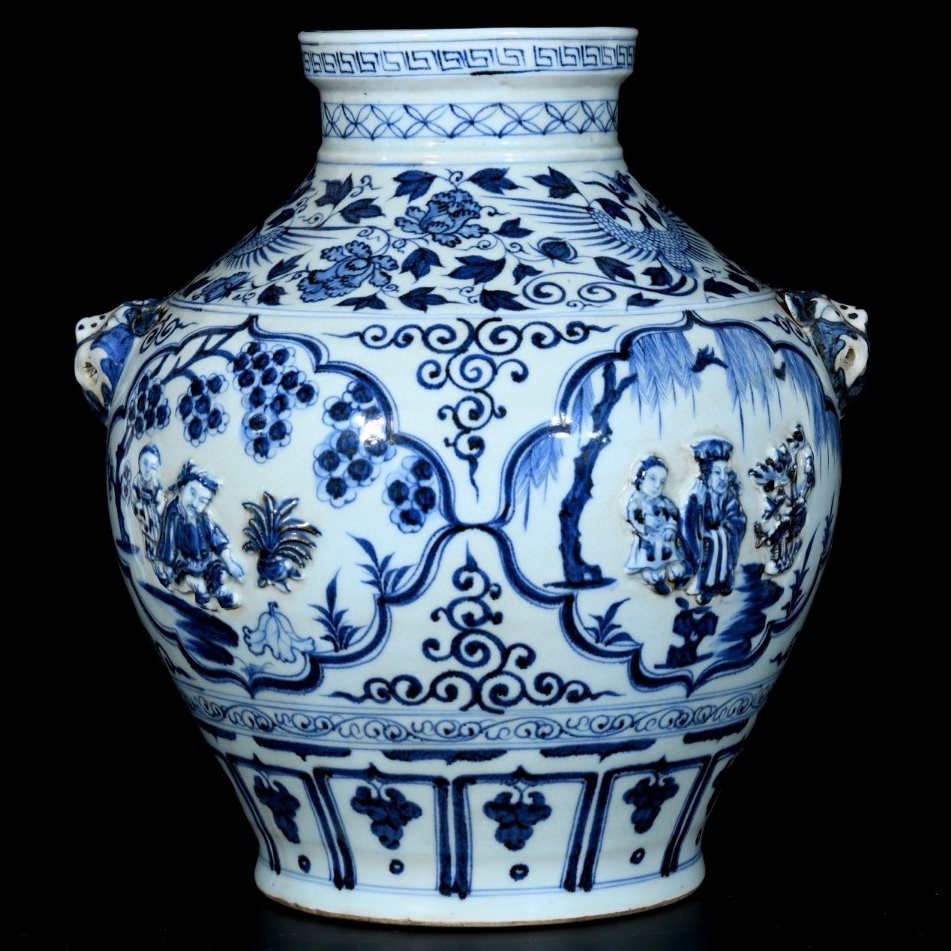 旧蔵 元 青花 浮彫 四愛人物故事紋 獸頭罐 陶芸 磁器 古陶磁器 極細工 中国古玩 古美術 骨董品 204-06拍卖