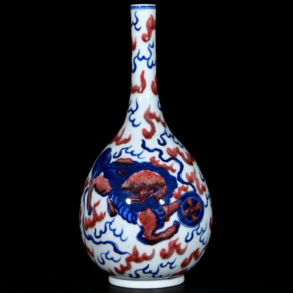 旧蔵 清 青花 釉裡紅 獅子紋 長頸瓶 陶芸 古陶磁器 極細工 中国古玩 古美術 骨董品 204-07拍卖