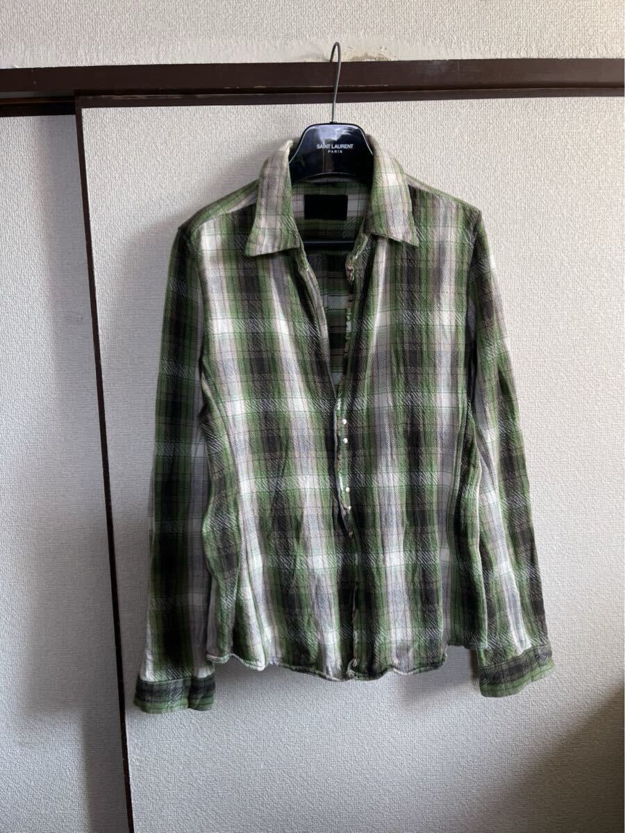【良品】【レターパックプラス対応】 junhashimoto ジュンハシモト しわ加工 フックシャツ チェック 長袖 シワ GREEN グリーン 緑色拍卖