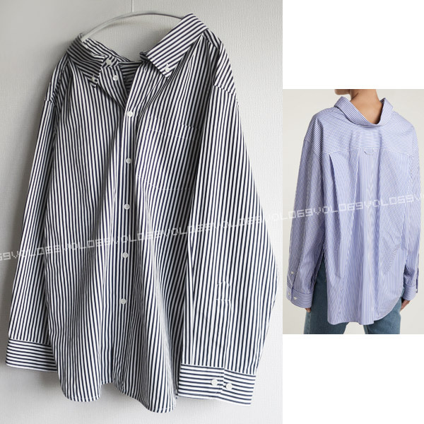 BALENCIAGAバレンシアガ2019SSデムナSwing Collar Shirtストライプ コットン 刺繍ロゴ オーバーサイズ スウィング カラー シャツ トップス拍卖