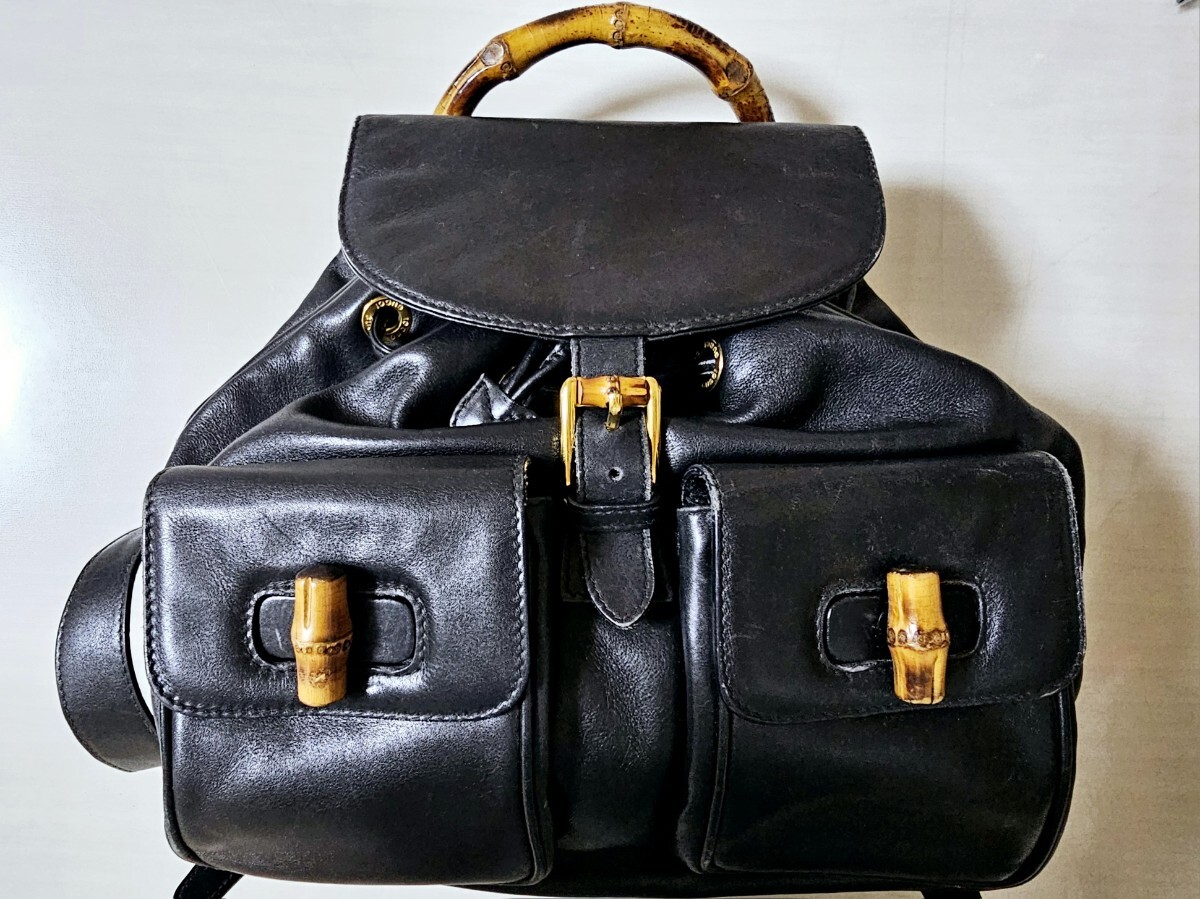 GUCCI グッチ バンブーリュック BLACKレザー 2ポケット 人気ヴィンテージ バックパック拍卖