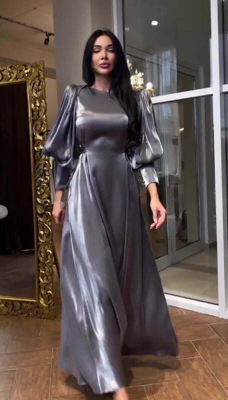 ED1210 レディースワンピース☆大人sexy  美品☆ ロング丈   二次会dress   長袖   可愛い  つるつる  グレー拍卖