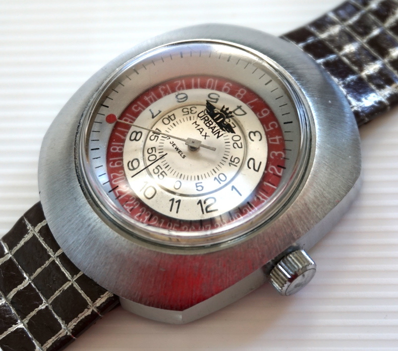 珍★ レア・URBAIN MAX・17石・メカデジ・超未来デザイン・Jump Hour・ビンテージ・1970's・ミステリー ・カレンダー・スイス製・即決!拍卖