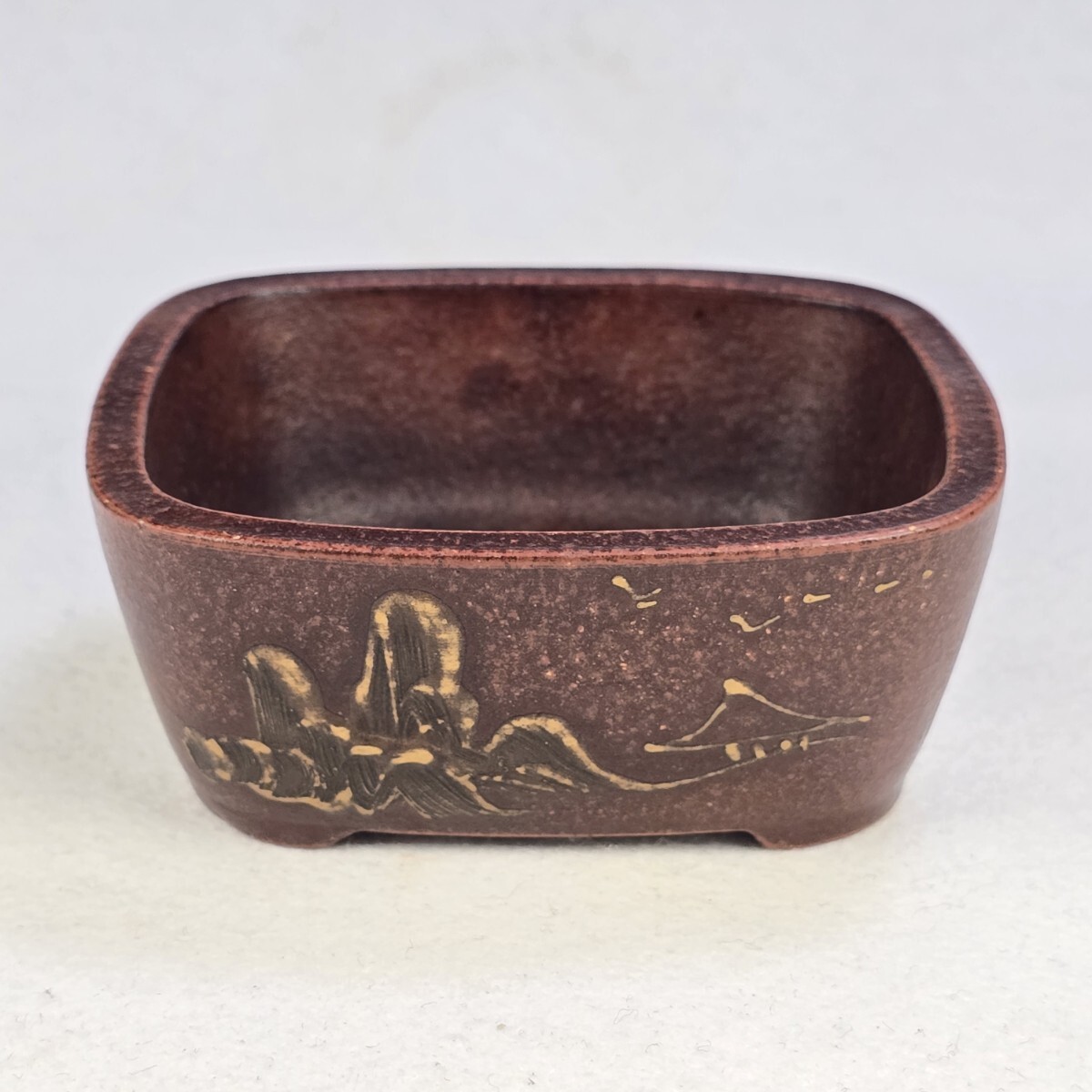 収集品 本物宜興紫砂 朱泥 段泥 泥絵 山水紋 小型 盆栽鉢 花器 在銘拍卖