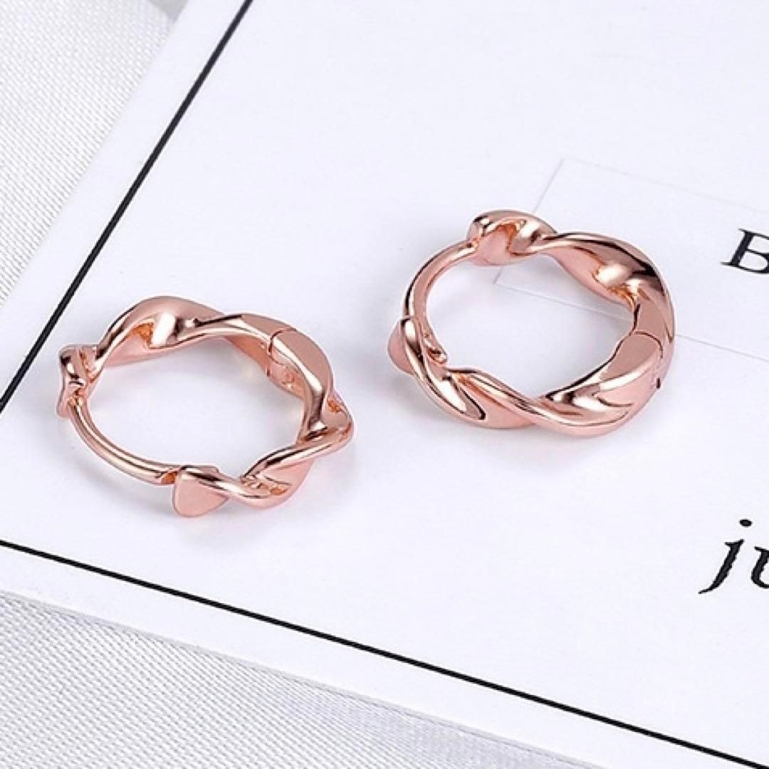ツイストフープピアス ピンクゴールド 金 S925 金属アレルギー対応 レディース 20代 30代 40代 50代 キャッチレス拍卖