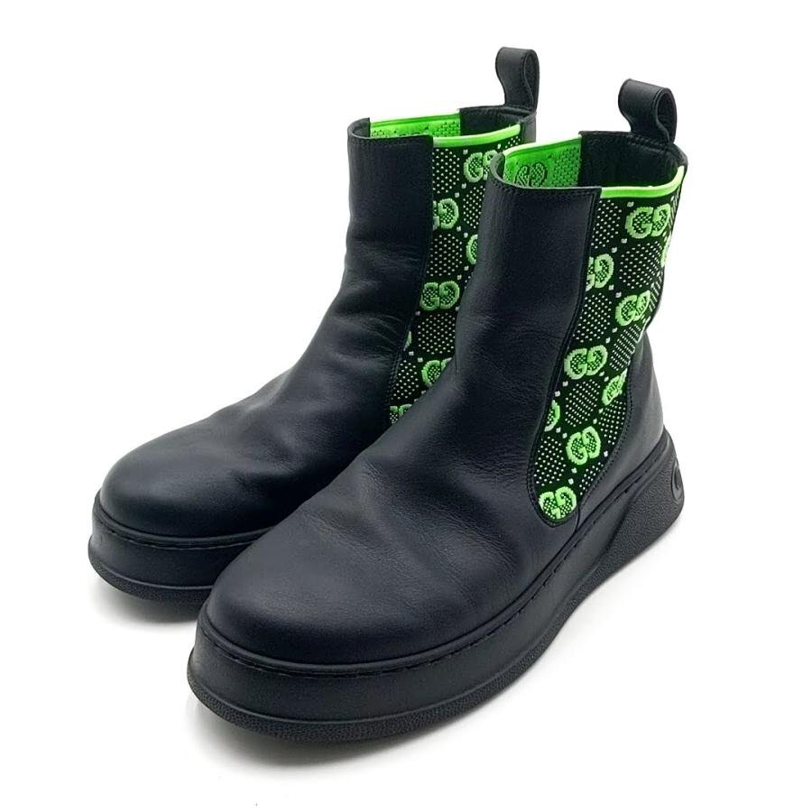 送料無料 美品 グッチ GUCCI サイドゴアブーツ 靴 シューズ 22AW GGジャージー レザー イタリア製 6 黒 メンズ拍卖