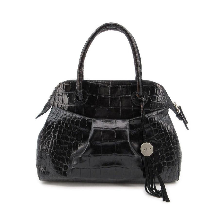 送料無料 フルラ FURLA ハンドバッグ トートバッグ ボストンバッグ 鞄 クロコ型押し レザー イタリア製 黒 レディース拍卖