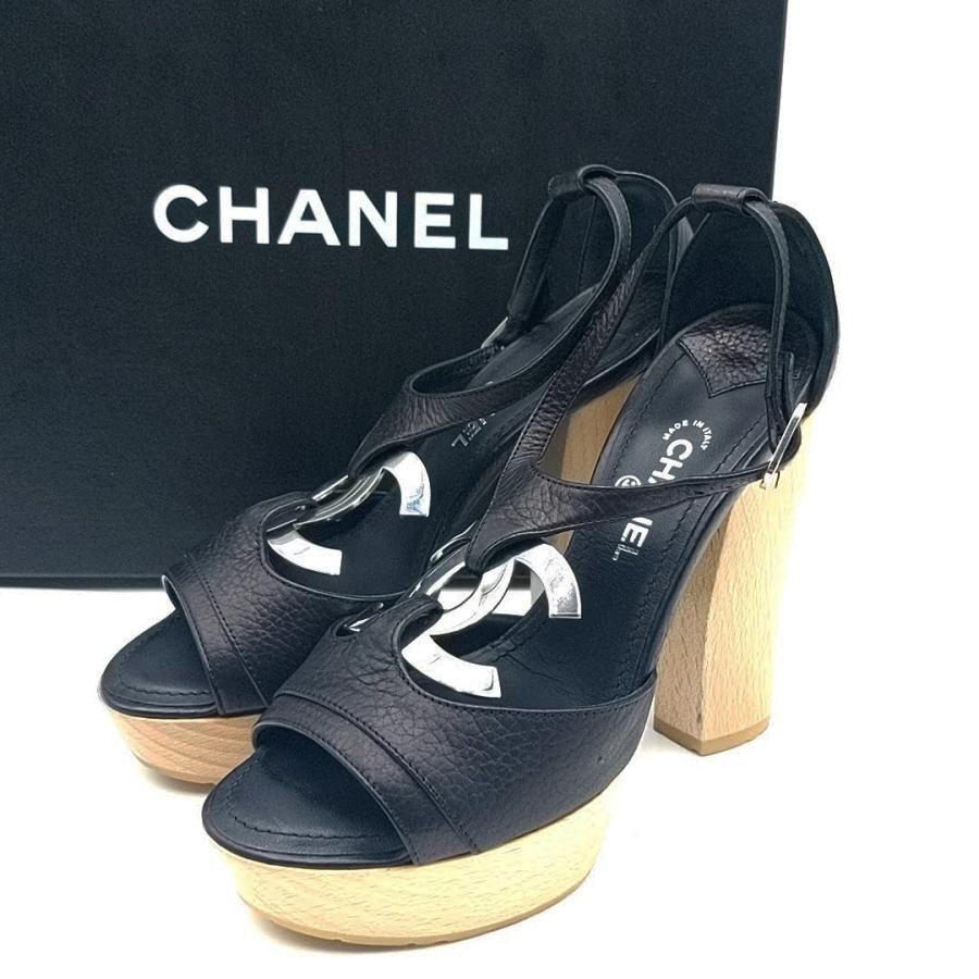 送料無料 美品 シャネル CHANEL サンダル ココマーク レザー 伊製 イタリア製 34 1/2 黒 レディース拍卖