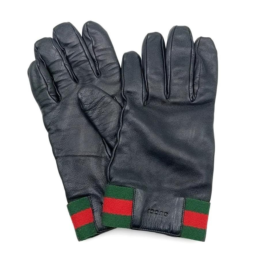 送料無料 美品 グッチ GUCCI 手袋 レザー グローブ シェリーライン 本革 8 1/2 S 黒 ブラック系 レディース拍卖