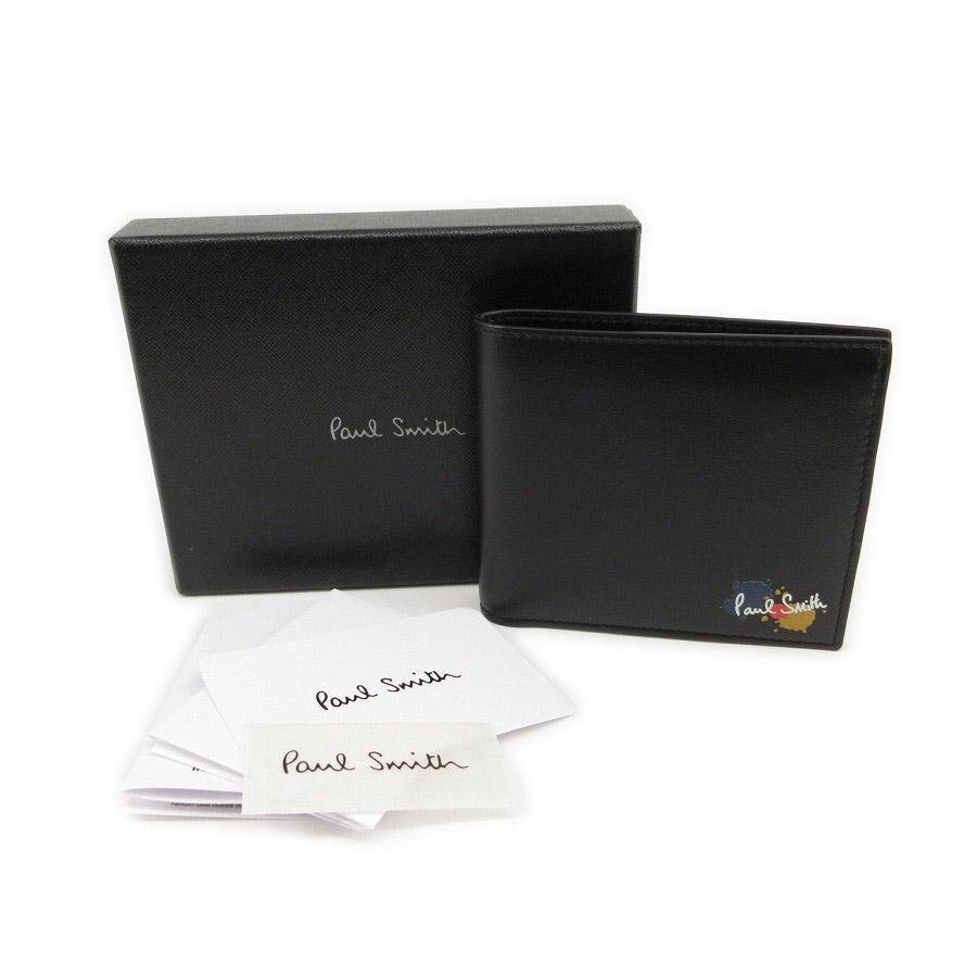 送料無料 超美品 ポールスミス Paul Smith 財布 二つ折り レザー 伊製 イタリア製 黒 ブラック系 メンズ拍卖