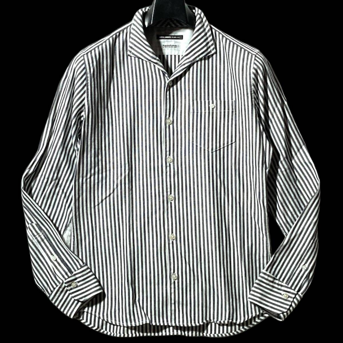 HIDEAWAYS NICOLE★大人のリゾート★イタリアンカラー ストライプ 長袖シャツ 襟ワイヤー スキッパー 白×黒グレー 46 ハイダウェイ ニコル拍卖