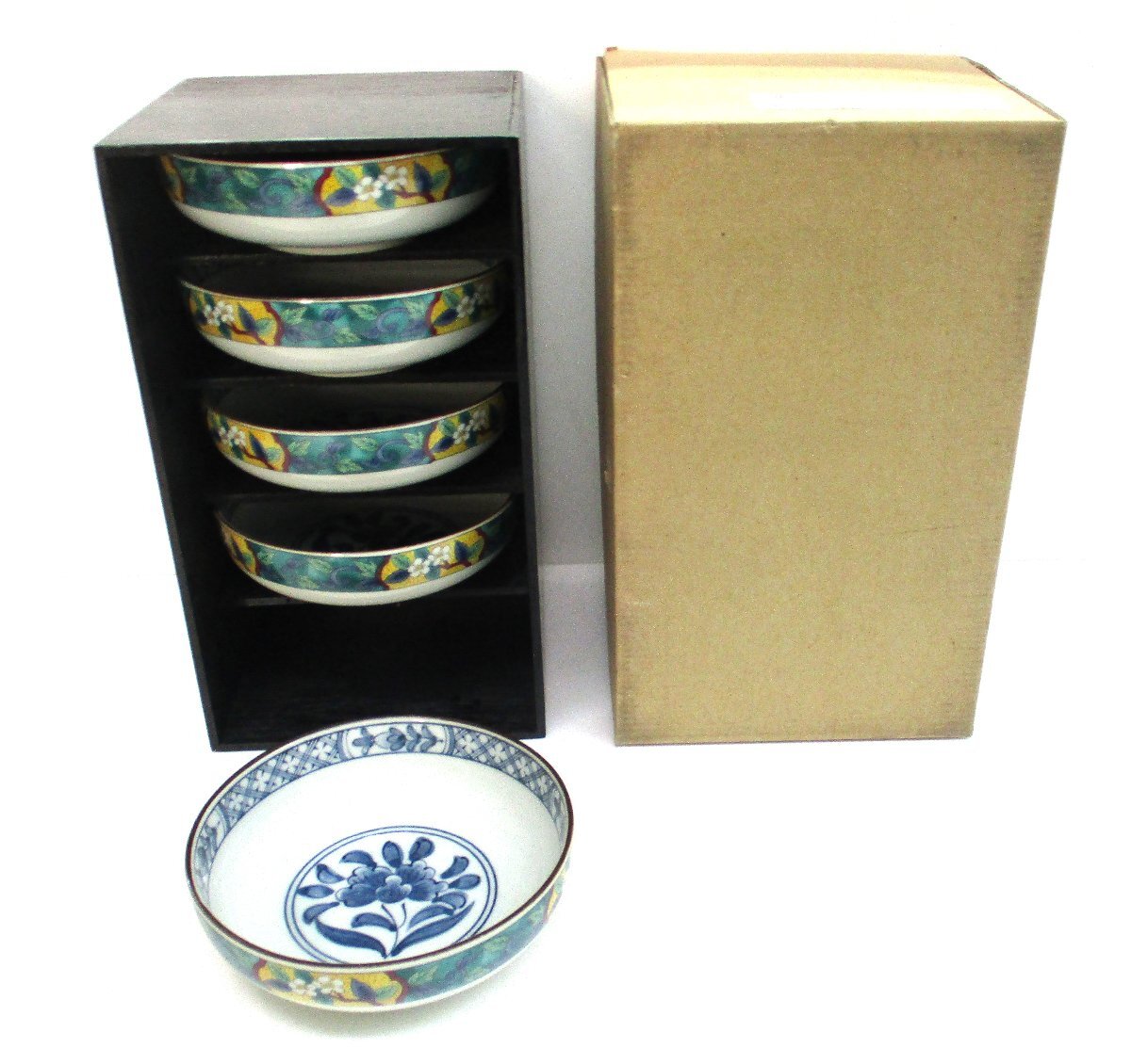 ★ 100180 平小鉢揃 九谷 草花 5個 和光園 彩-0414 φ13.2x高さ4cm 木箱※蓋無・箱付 未使用 ★拍卖