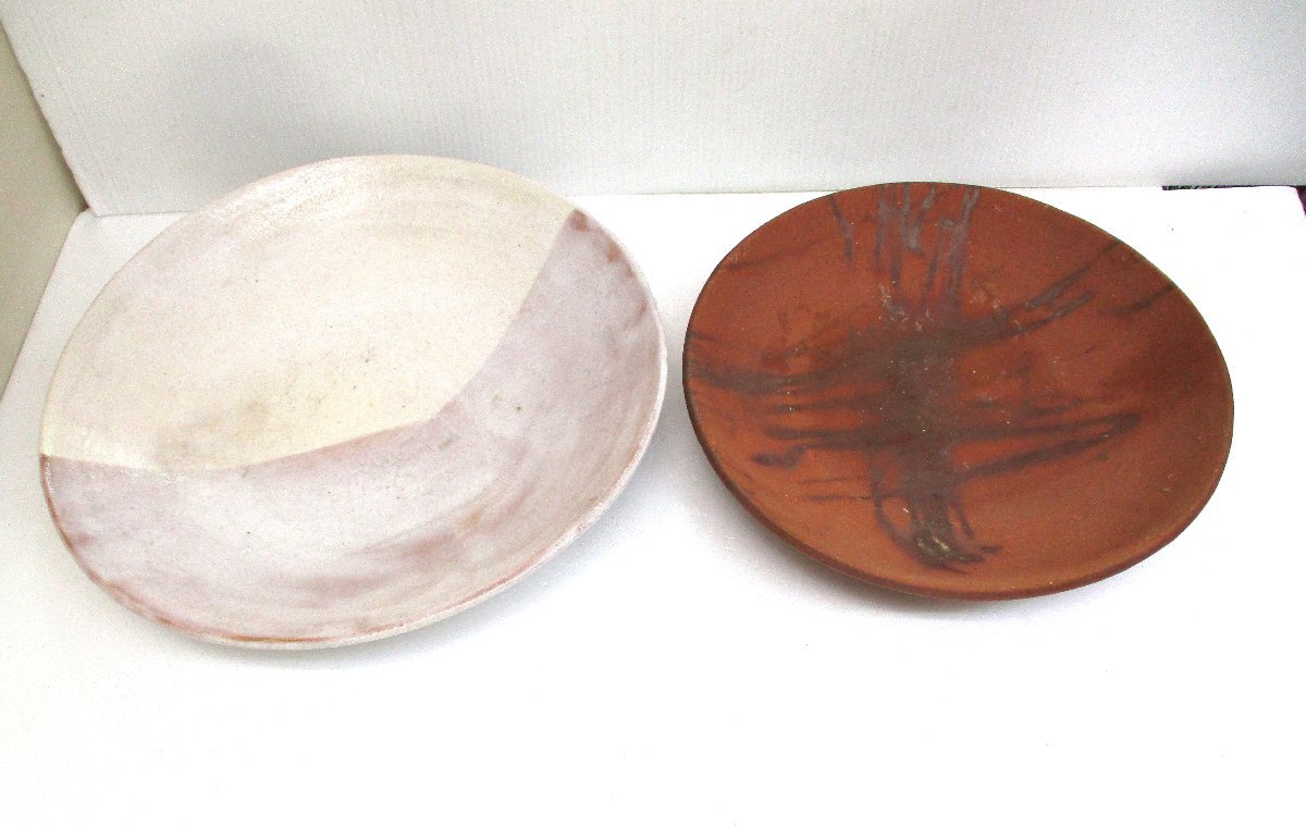 大皿2枚『奈』&備前素焼 奈φ36x高さ6cm 備前30x5.5cm キズ/汚れ有 中古 100160 ★拍卖