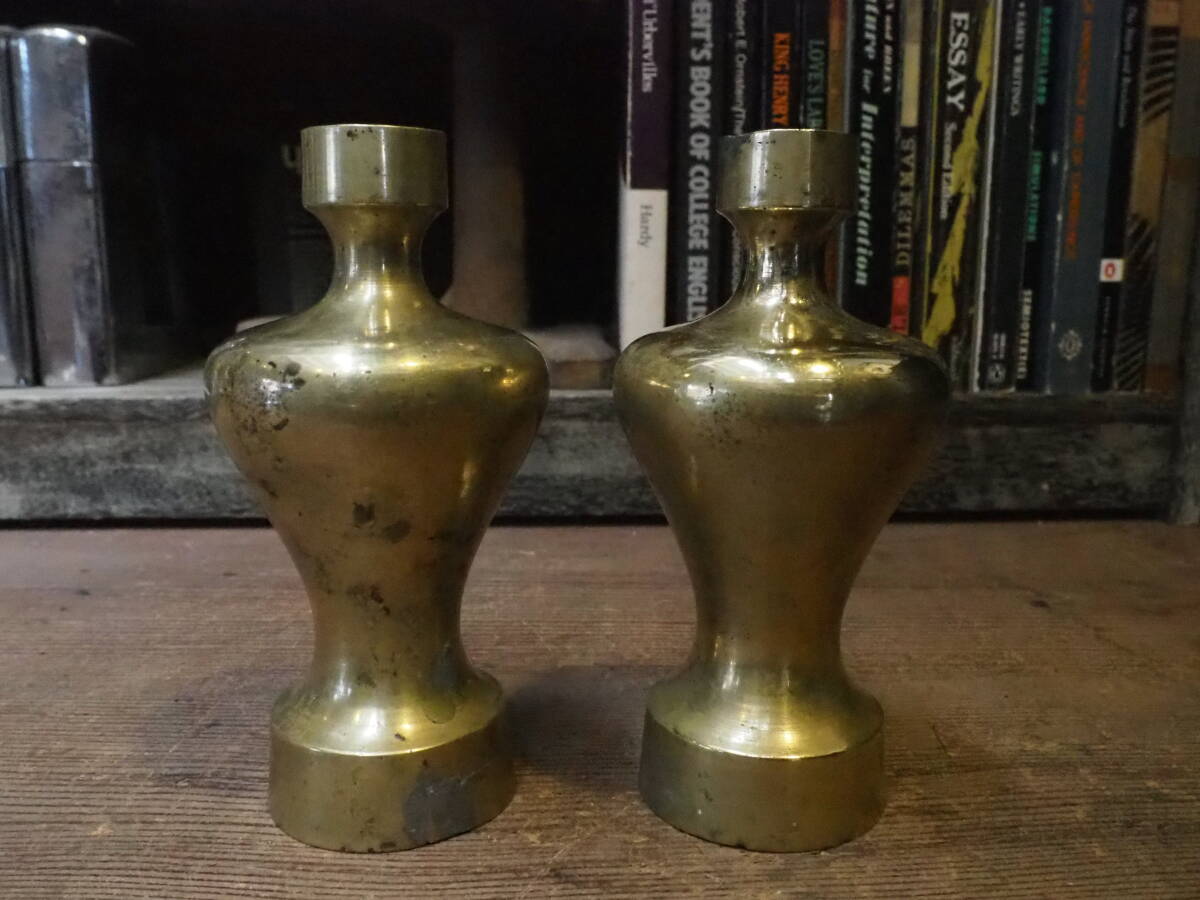 【古い真鍮の瓶子2本】古道具アンティーク骨董インテリア神棚インダストリアルお神酒徳利酒器一輪挿し花器花入れ拍卖