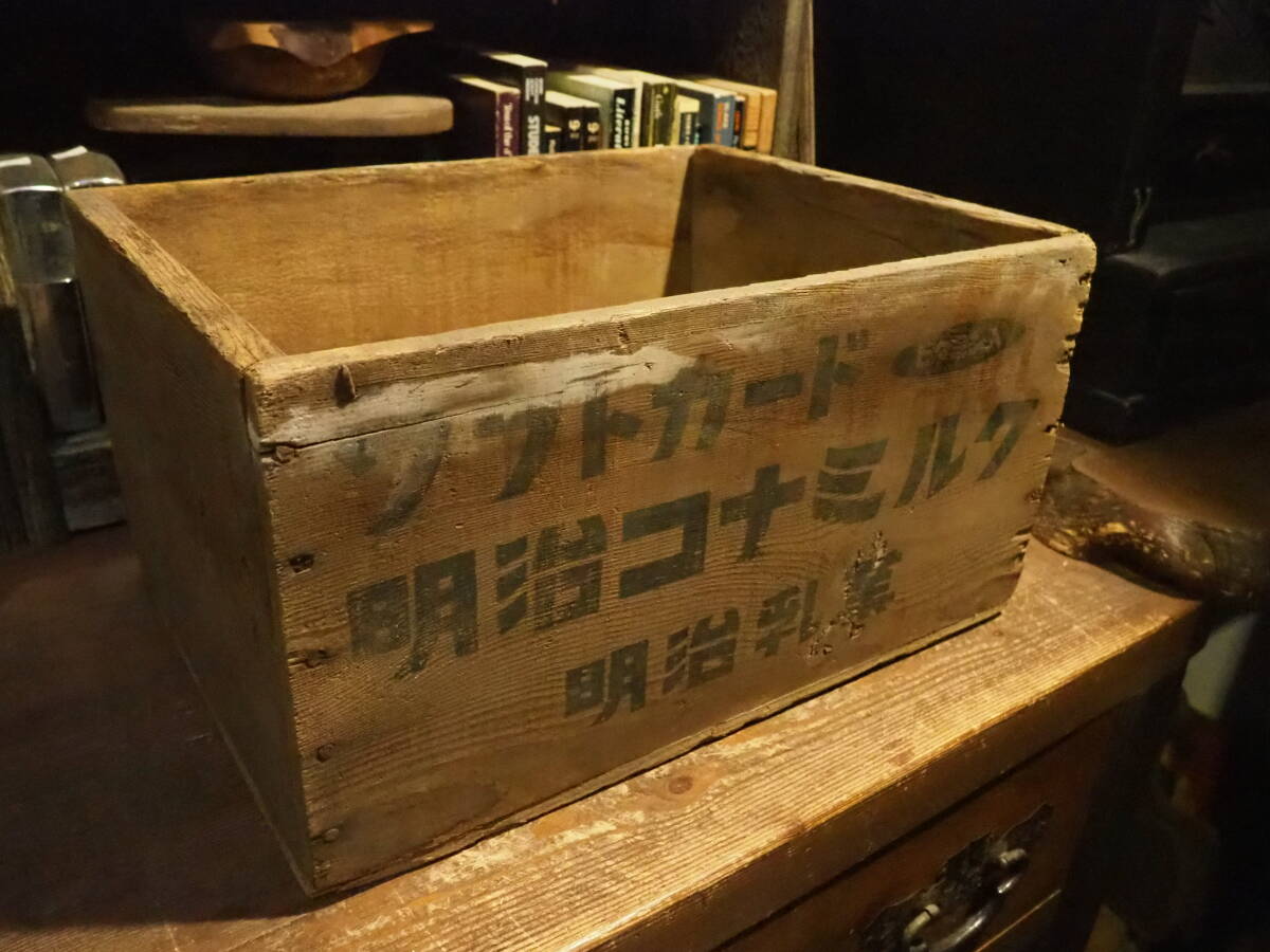 【明治コナミルク木箱】昭和レトロ木製ケース本棚古道具アンティークポテトバケツおもちゃ箱骨董インテリアインダストリアルドライフラワー拍卖