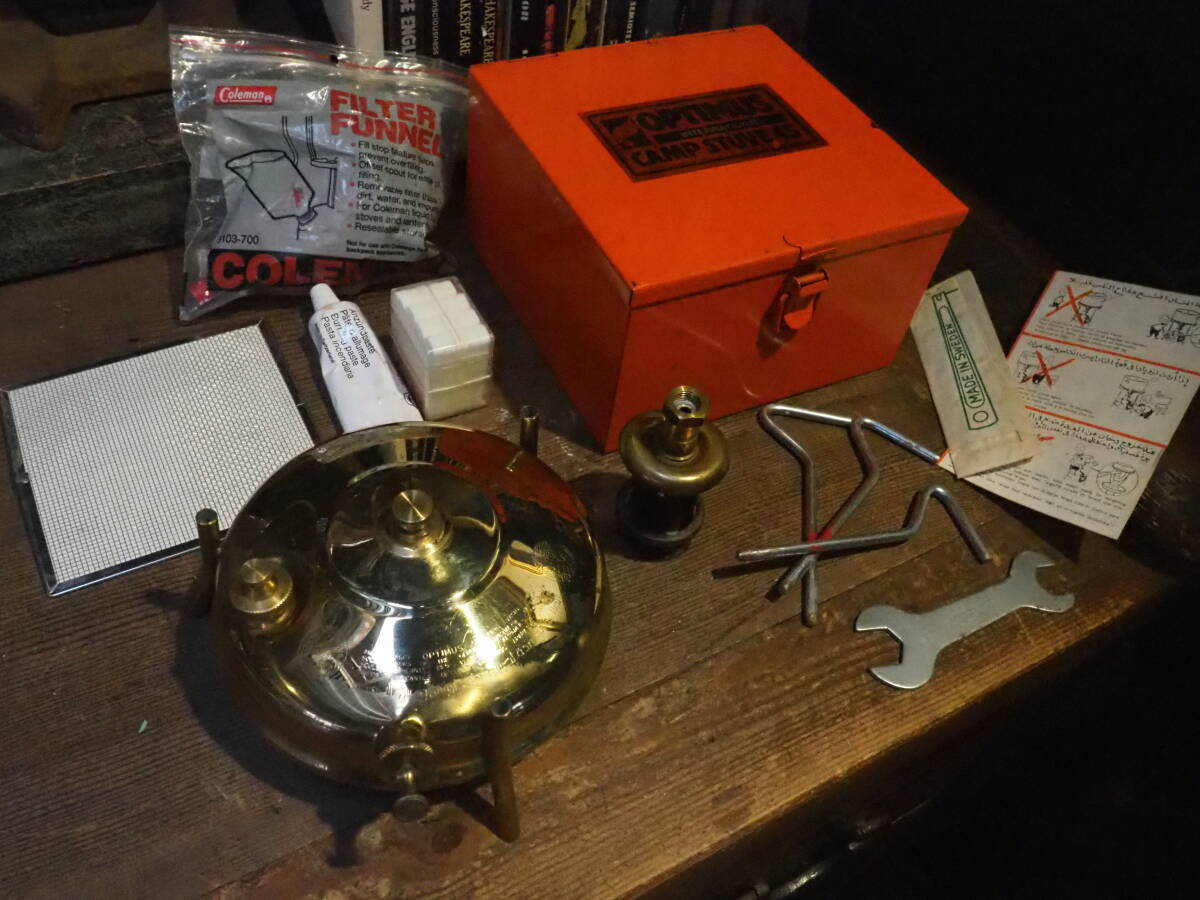 【フランス蚤の市optimus camp stove】箱付きスウェーデン真鍮オイルバーナー薪ストーブ暖炉キャンプ炭火アウトドア七輪古道具アンティーク拍卖