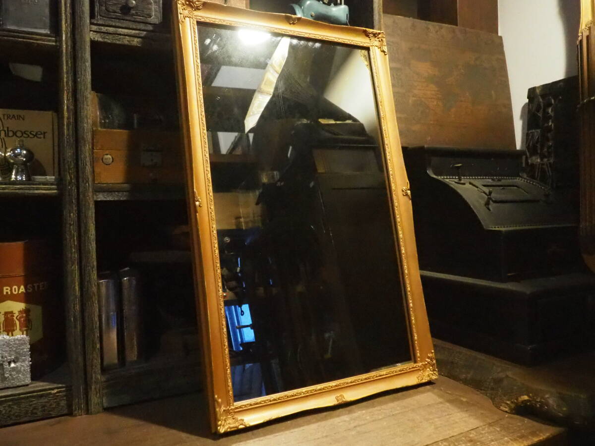 【ゴールドフレームの鏡71×44㎝】額縁ミラー姿見ガラス古道具アンティーク骨董インテリア彫刻木彫インダストリアル美容院美容室拍卖