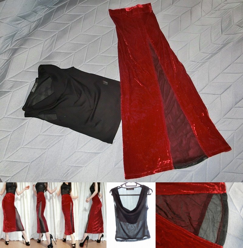 a70★スカートはイタリア製★珍しいデザイン★セット★シースルー トップス&透け感メッシュスリット入り 美脚タイトロング拍卖