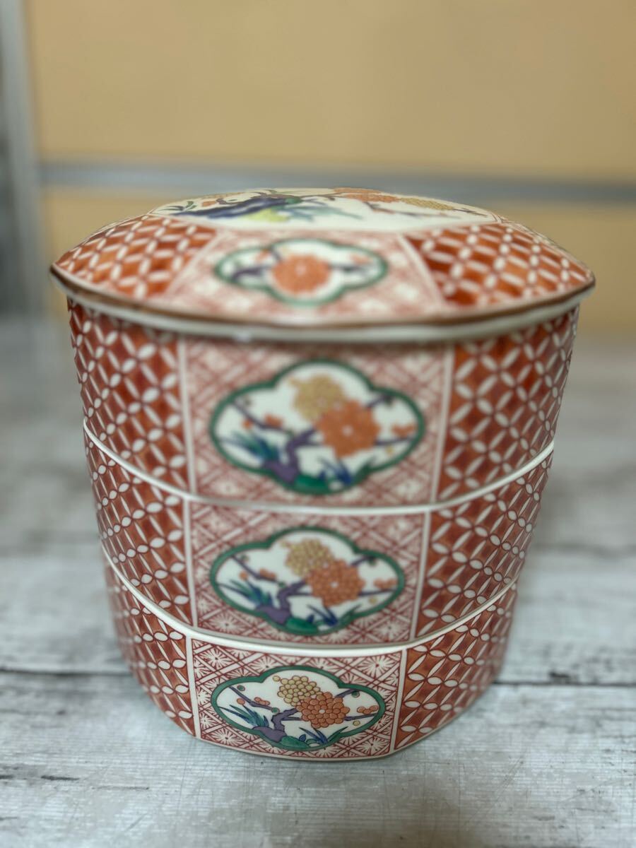 25A04-217N:美濃焼 庫山窯 手まり三段重 茶道具 菓子鉢 直径16.5cm 8角形 縁起拍卖