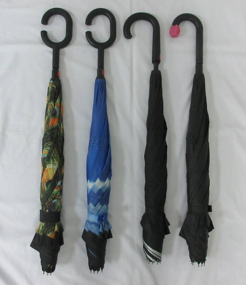 ( せ-A1-8055 )逆さ傘 雨傘 長傘 4本 まとめて まとめ売り セット 手開き式 通勤 通学 クジャク模様 空模様 ブラック 黒 中古拍卖
