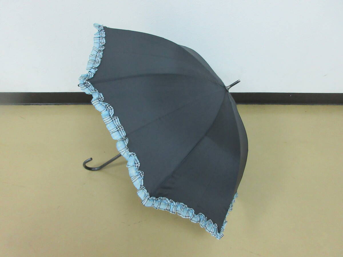 (せ-A4-260)SALON de PRO サロンドプロ 日傘 長傘 手開き式 ブラック 黒 ブルー 水色 チェック フリル 全長約69cm 半径約40cm 中古拍卖