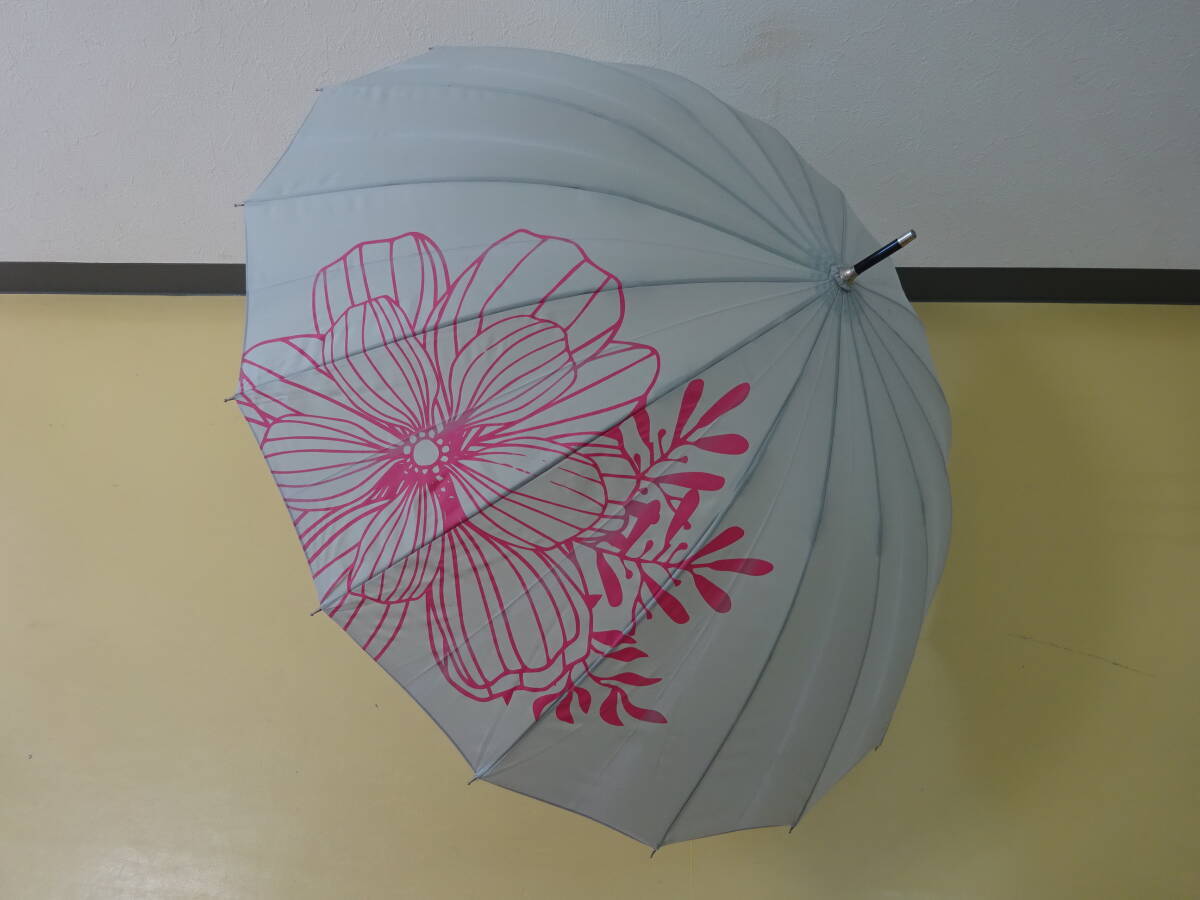 (せ-A1-1067)mabu マブ 16本骨傘 長傘 ジャンプ式 グレー ピンク 花 江戸 和風 全長約81cm 半径約50cm 中古拍卖