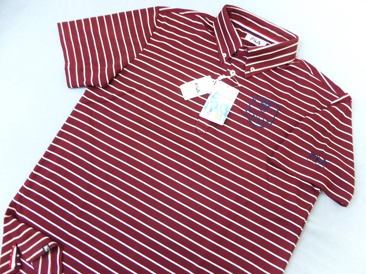 FILA GOLF フィラ ゴルフ 保温冷感 UVカット ストレッチ ボーダー柄 ボタンダウン半袖ポロシャツ LL ボルドー拍卖