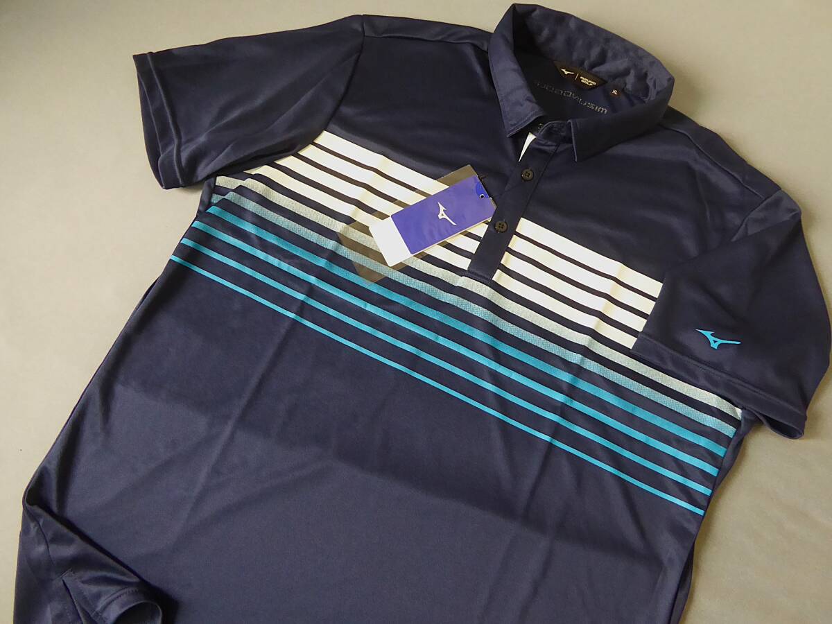MIZUNO GOLF ミズノ ゴルフ 吸汗速乾 ストレッチ ボーダー 半袖ポロシャツ XL 紺 ①拍卖