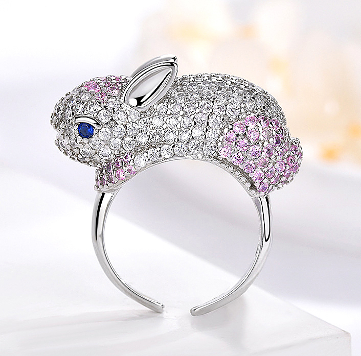 N2501302◆Bigstone◆【ピンクのウサギ】銀色*レディース*高品質*存在感抜群*オープンリング 11~14号拍卖