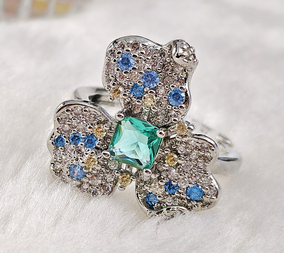 N250512◆Bigstone◆【多彩の花】キラキラ輝く*欧米ファッション*大存在感なリング*14~16号拍卖