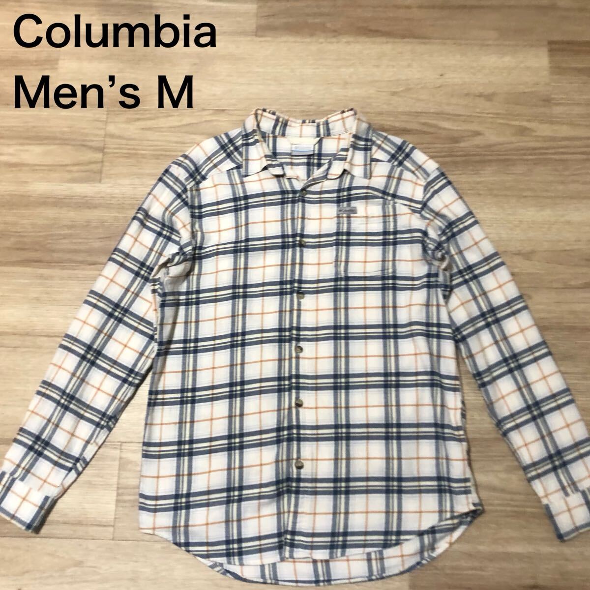 【送料無料】Columbia長袖ネルシャツ 白青オレンジチェック柄メンズMサイズ コロンビア長袖シャツアウトドア拍卖