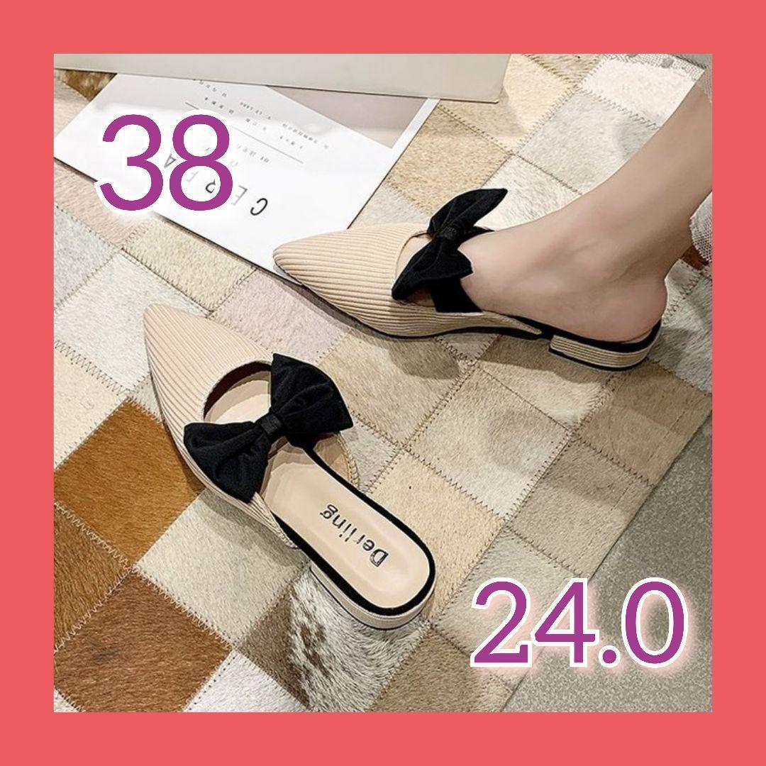 ミュール サンダル ポインテッドトゥ Vカット ローヒール リボン フェミニン オシャレ 可愛い 歩きやすい拍卖
