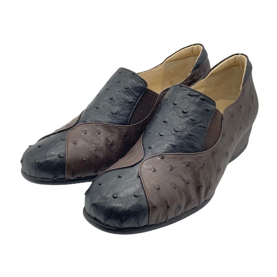 新宿屋 レザースニーカー スリッポン オーストリッチ 3380-075 ブラウン×ブラック 22.5cm レディース shinjukuya 約22.5cm【7-9】拍卖