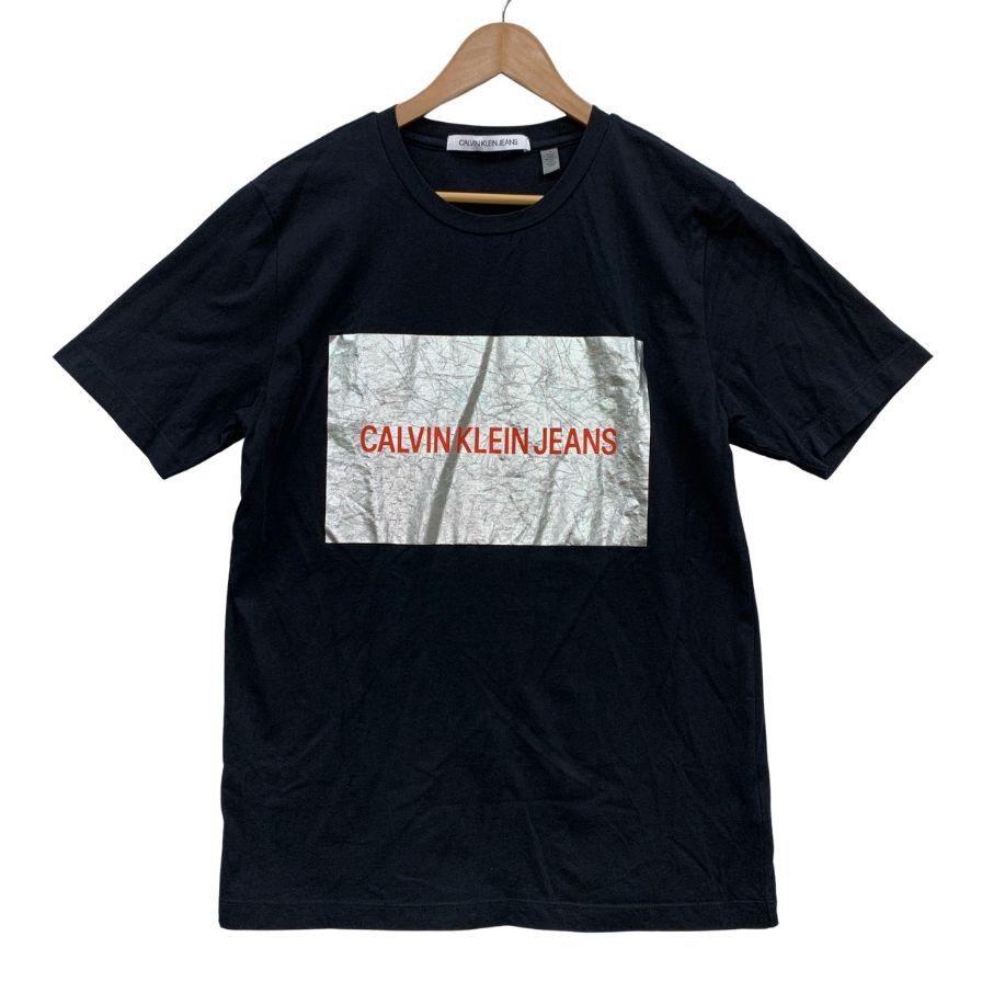 美品◆Tシャツ カルバンクラインジーンズ Tシャツ ボックスロゴ コットン サイズM メンズ ブラック シルバー Calvin Klein Jeans 【AFB51】拍卖