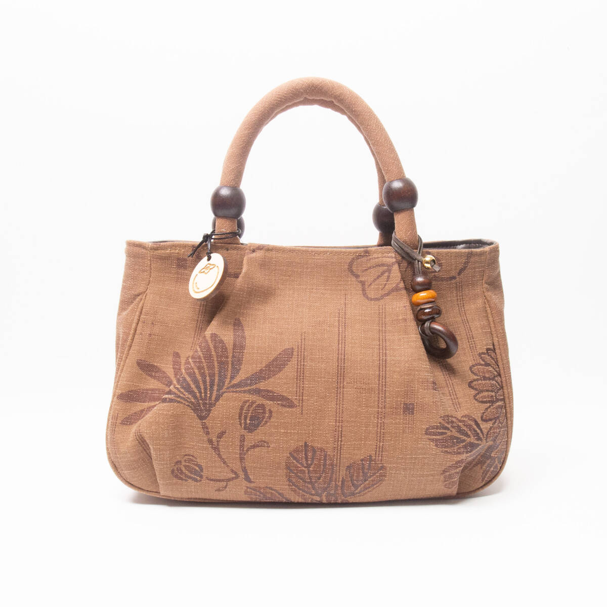 新品 和柄 柿渋染 コットン 花模様 アオリ手提げ ハンドバッグ ブラウン拍卖
