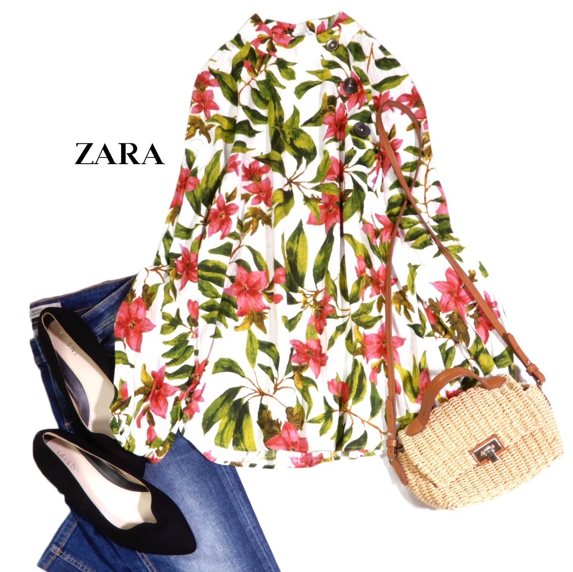 ザラ ZARA 大人素敵スタイル☆ リネンブレンド 麻混 花柄 フラワー ボタニカル プルオーバー シャツ S 拍卖