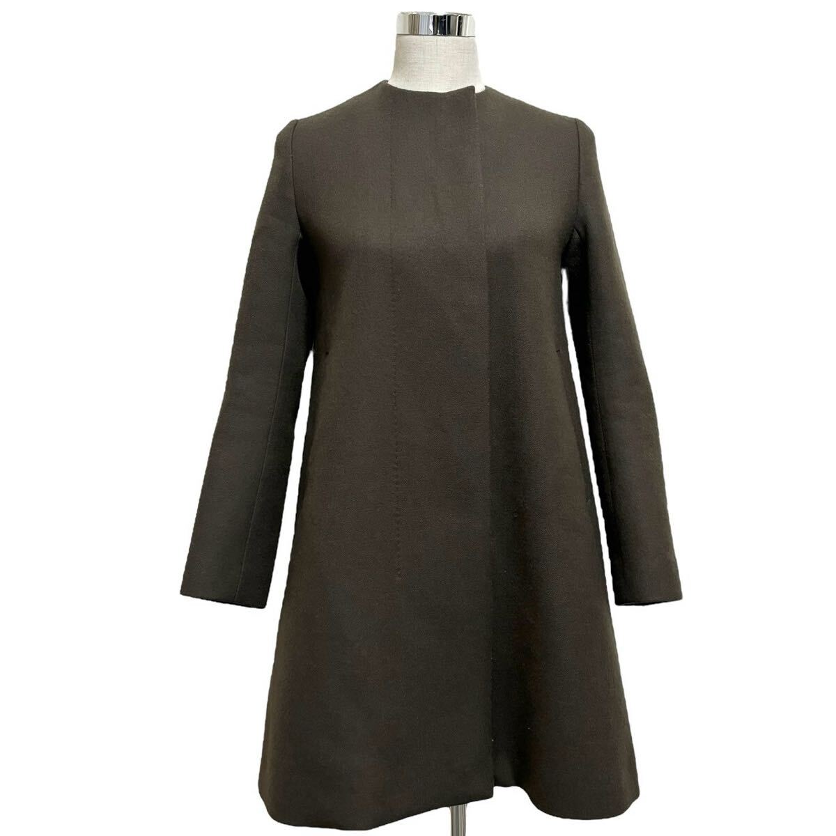 ESTNATION エストネーション ウールサージ Aラインコート ノーカラー オリーブ 36拍卖