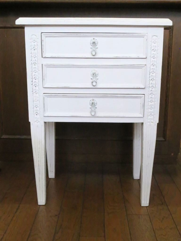 BLANC D'IVOIRE ブランディボアール 3段 ホワイトサイドチェスト サイドテーブル 引き出し*3段 シャビーシック拍卖