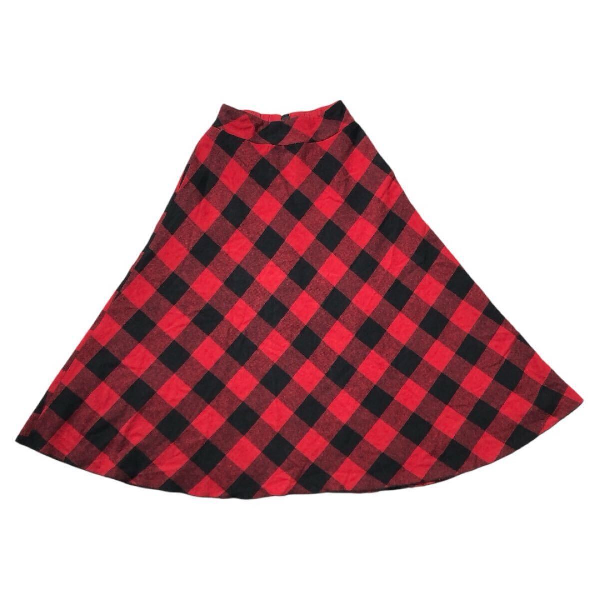● MILKFED. ミルクフェド ● ギンガムチェック柄 レーヨン ウール混 ロング フレア スカート レッド×ブラック ONE SIZE拍卖
