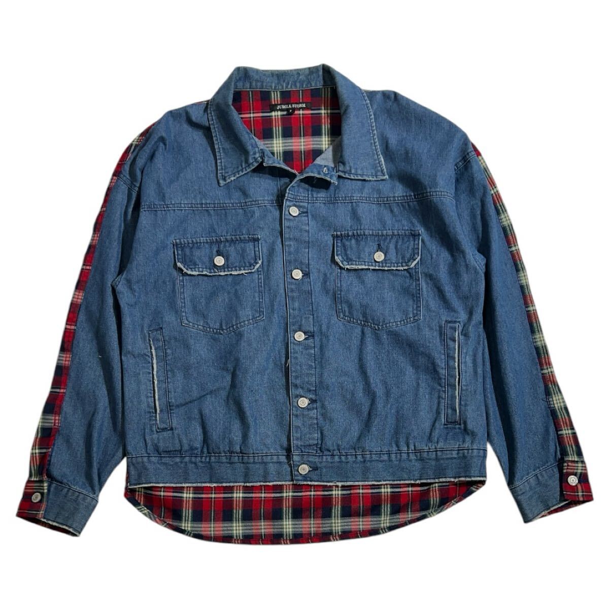 ■ JUNGLE STORM ジャングルストーム ■ バック チェック デザイン ユーズド ダメージ加工 デニム ジャケット インディゴブルー F拍卖