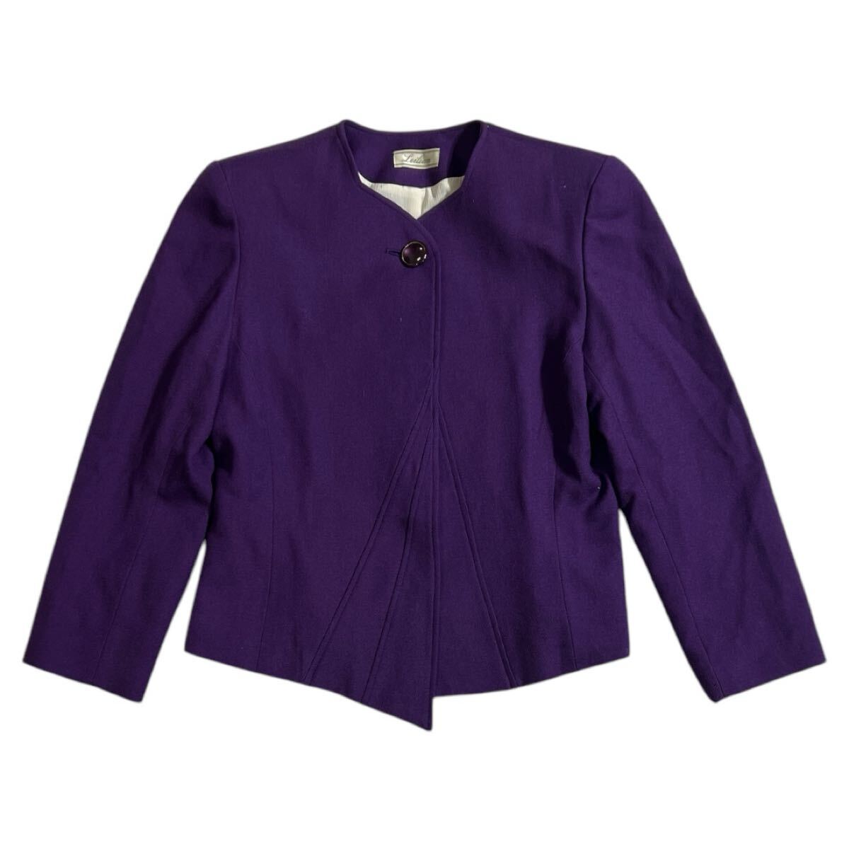 ■ Leilian レリアン ■ 裏地 蝶々×フラワー柄 肩パッド入 ダイヤモンドカット ジャケット パープル 拍卖