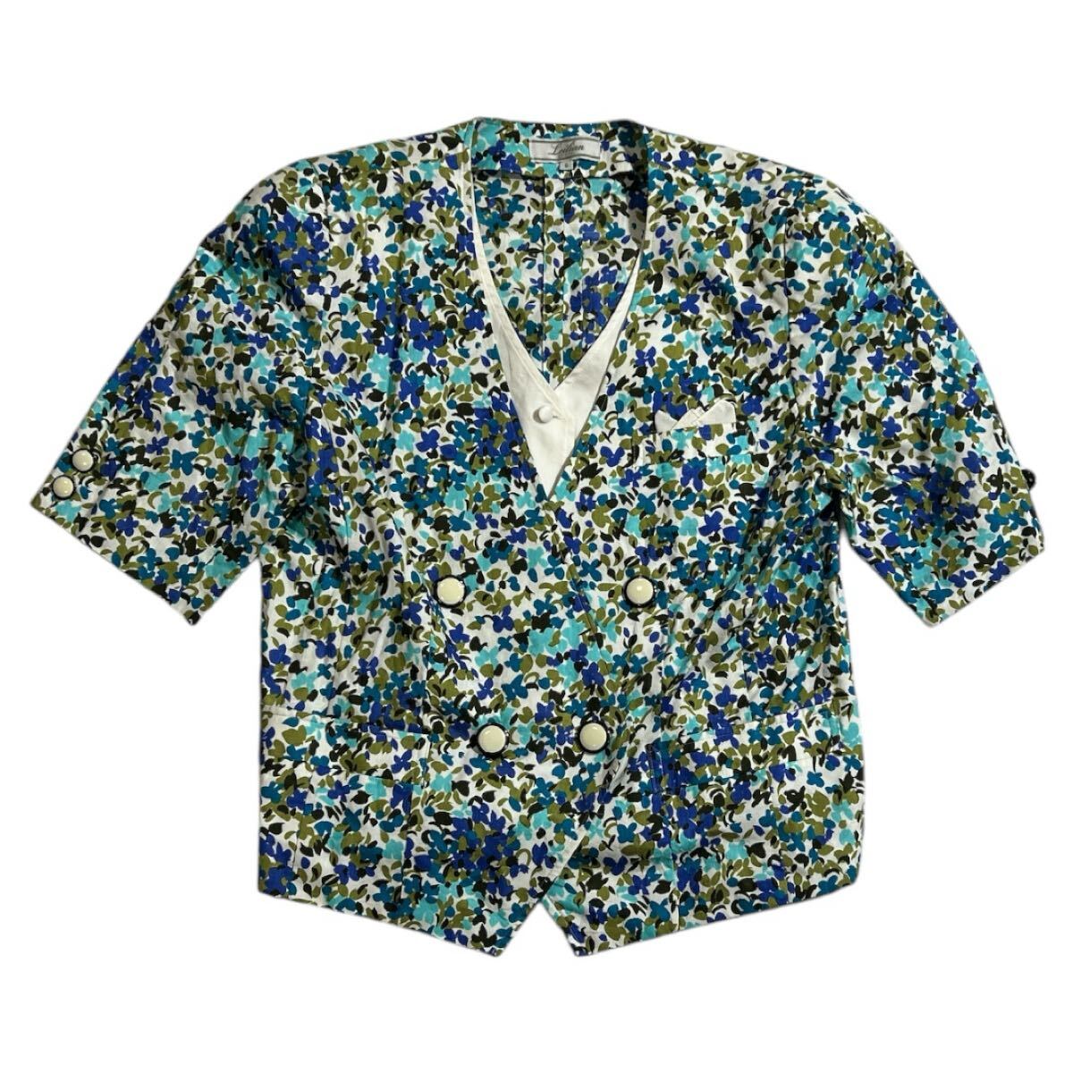 イタリア製 ■ Leilian レリアン ■ フラワー 総柄 肩パッド入 ダブル 半袖 サマージャケット ブルー系 9拍卖