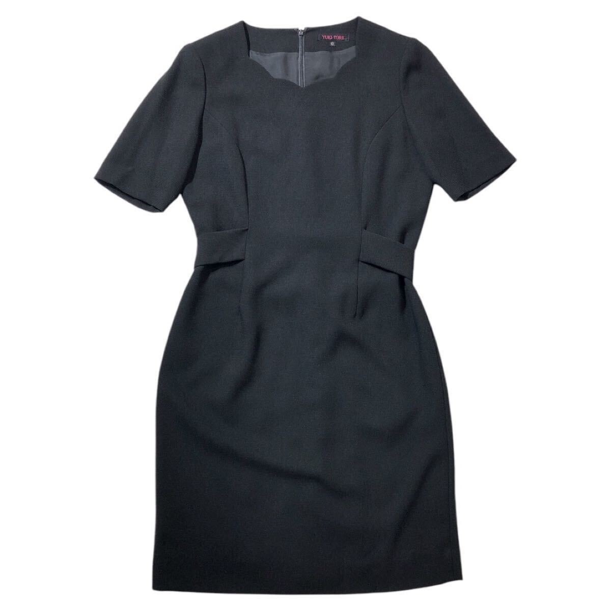 ● YUKI TORII 鳥居ユキ トリイユキ ● スカラップ カラー デザイン 肩パッド入 ウエストリボン付 半袖 タイト ワンピース ワンピ ブラック拍卖